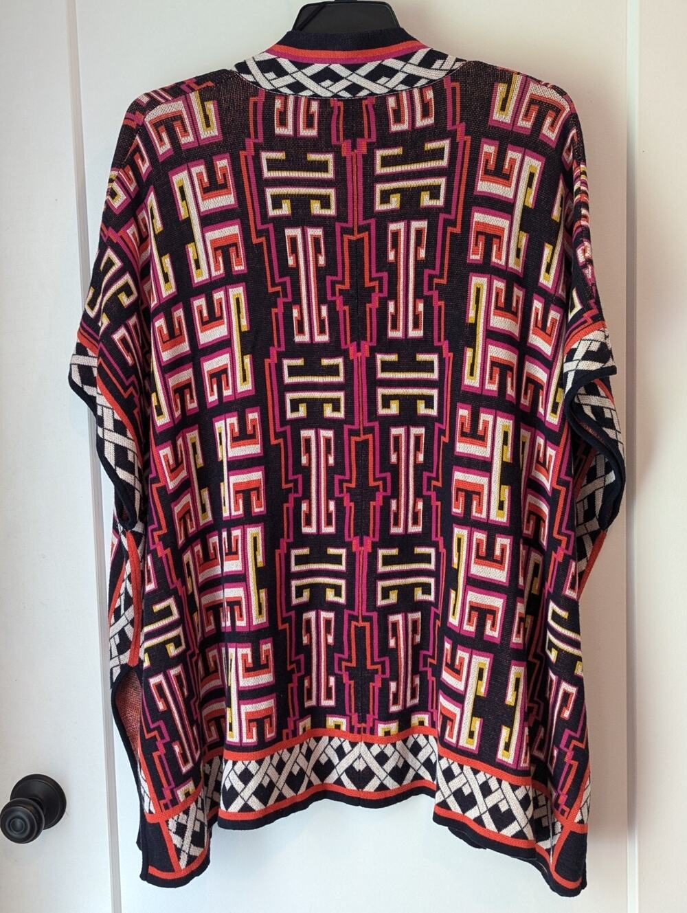 Crown&Ivy Womens Open Front Shrug Poncho Navy Pink Geometric Print Sz One Size
